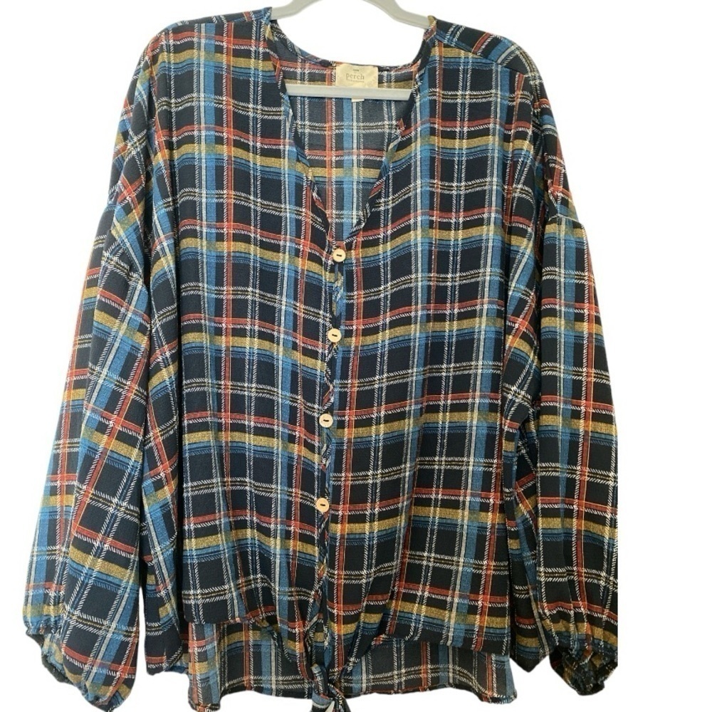 PERCH by Blu Pepper top, 2 XL.  Blue, red, gold plaid.  Faux buttons in front.
